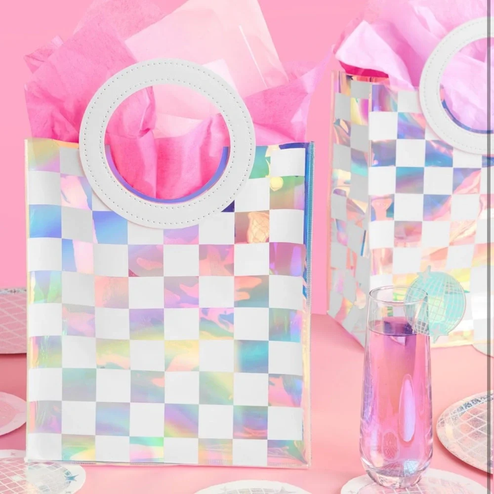 NWT 6Pc Clear Iridescent‎ + White Checkered PVC Bag Set